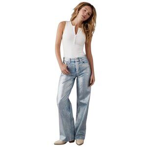 American Eagle Super High Rise Baggy Wide Leg Silver Coated Jeans Size 6 Long